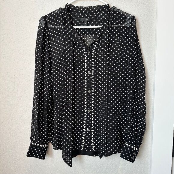 J. Crew Black White Polka Dot Swiss Dot Silk Blend Button Front Blouse - 4 EUC - Picture 1 of 8